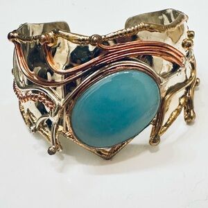 Folk / Brutalist Mixed Metal Cuff Bracelet with Blue Stone